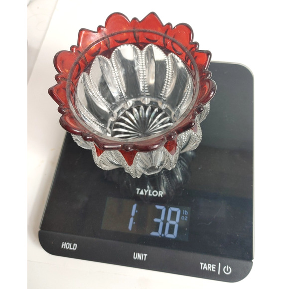 Vintage ruby red to clear thumb print dish vase unique cut glass unmarked - Picture 8 of 8